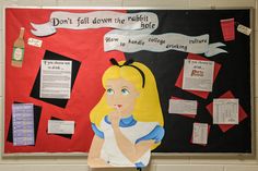 Alice in Wonderland drinking culture themed bulletin board. RA / Resident Advisor / Resident Assistant / Virginia Tech Alcohol Bulletin Board, Alcohol Awareness