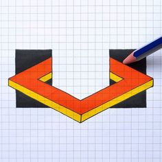 a pencil drawing an orange and yellow arrow on a piece of paper with squares in the background