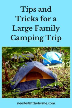 a blue tent in the woods with text overlaying tips and tricks for a large family camping trip