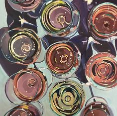 an abstract painting of wine glasses on a table