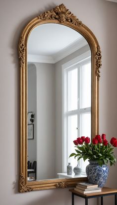 a vase with red flowers sitting on top of a table next to a large mirror