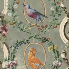 a painting of two birds sitting on top of flowers