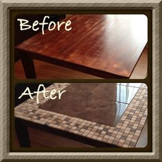 before and after photos of a dining room table that has been refinished with tile