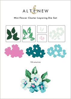 the flower clusterer layering die set is shown in various colors and sizes, including blue