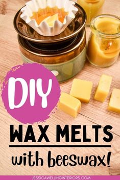 diy wax melts with beeswax on a wooden table next to honey jars