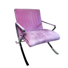 a purple velvet chair with chrome legs and black metal frame on an isolated white background