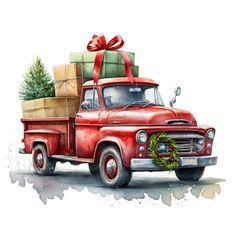 an old red truck with a christmas tree and presents on the back is painted in watercolor