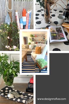 a collage of photos with flowers in vases, books and other things on the table