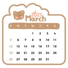 a calendar for march with a teddy bear on the front and bottom half of it