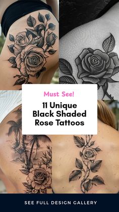 Discover stunning black shaded rose tattoos in this pin featuring four beautiful images. Explore ideas like a thigh tattoo and shoulder piece that showcase artistry and elegance.