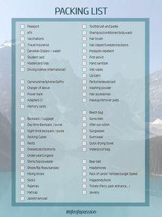 the packing list is shown with mountains in the background