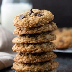 chocolate chip cookies stacked on top of each other