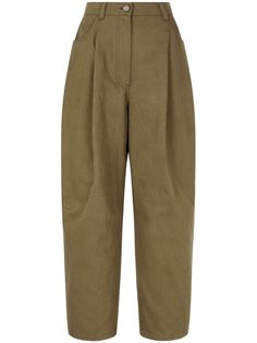 light brown cotton twill weave logo patch to the rear pleat detailing contrast stitching concealed fly and button fastening semi-balloon leg classic five pockets Cotton Trousers, Yoko London, City Dress, Twill Weave, Iconic Bags, Tapered Pants, Summer Beach Wear, Ski Wear, Contrast Stitch