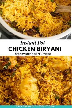 instant pot chicken biriyani in a bowl with text overlay