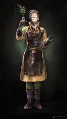 a painting of a man in an apron holding a green liquid bottle and wearing boots