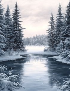 a painting of snow covered trees and a river in the foreground with water running through it