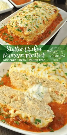 stuffed chicken parmesan meatloaf on a white plate