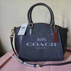 Brand New With Tag. Denim Shoulder Bag With Branded Hardware, Blue Denim Bag With Dust Bag Included, Elegant Denim Shoulder Bag, Coach Denim, Madison Brown, Brown Leather Satchel, Black Satchel, Carryall Tote, Black Leather Satchel