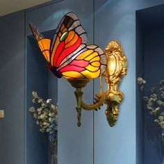 Stained Glass Butterfly Wall Light Fixture With Brass Finish - Lodge Style 1-Bulb Lighting Butterfly Furniture, Tiffany Style Lamp, Wall Light Fixture, Stained Glass Butterfly, Lodge Style, Glass Butterfly, Stained Glass Designs, Wall Lighting, Tiffany Style