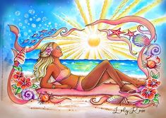 a drawing of a woman laying on the beach with flowers and shells around her body