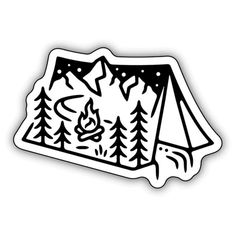 a sticker with a tent and trees in the woods on it's side