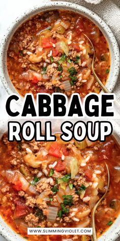 cabbage roll soup in a white bowl with spoons on top and the title above it