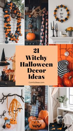 many different halloween decor ideas with pumpkins and decorations on them, including wreaths