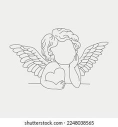 an angel holding a heart in his hands linear line icon on a white background with space for text