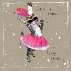 a drawing of a cat in a pink tutu skirt and sunglasses dancing queen happy birthday