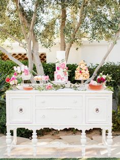 a white table topped with cakes and desserts next to a lush green park area