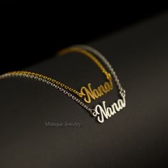 "Material: Solid Sterling Silver (925). This elegant and high-end Nana necklace with a high-polished finish comes in Silver or 18K Gold Plated.  Please pick the finishing, 18K Gold or Rhodium Plating. Dimensions:  Height: Capital letters 8 mm, lowercase letters 3 mm.  Width changes depending on the number of letters in your name. * Finish: 18K Gold Plated or Rhodium-plated Sterling Silver.  * All our personalized jewelry is custom-made by hand in our workshop. How to order: * The length option i Elegant Nameplate Charm Necklace For Mom, Classic Gold Necklace For Mom's Gift, Classic Gold Necklace For Mom, Elegant Silver Custom Necklace For Mom, Elegant Gold Custom Necklace As Gift For Mom, Elegant Gold Custom Necklace For Mom, Elegant Gold Necklace For Mom, Nana Necklace, Name Necklaces