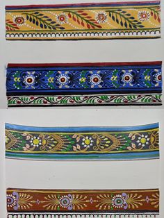 four different types of decorative ribbons on white paper with blue and yellow designs, each decorated with flowers