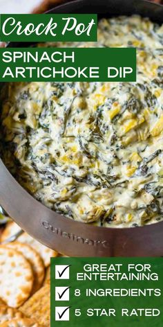 spinach artichoke dip in a pan with crackers and crackers on the side