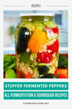 a jar filled with sliced fermented peppers on top of a pile of vegetables