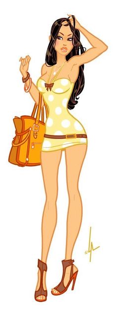 a drawing of a woman in a yellow dress holding a purse and wearing high heels