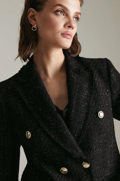 Nodding To Vintage Styles, This Luxurious Boucle Jacket Shows Off Glossy Gold-Tone Buttons, Large Patch Pockets And A Softly Tailored Fit Infused With Subtly Sparkling Threads. Wear It Whenever You Want To Bring A Feminine Spin To Smart-Casual Outfits. Luxury Tailored A-line Outerwear, Luxury Black Blazer With Gold Buttons, Tailored Long-sleeve Outerwear With Gold Buttons, Luxury Long-sleeve Tweed Jacket With Pressed Crease, Luxury Single-breasted Tweed Outerwear, Jacket Collection, Boucle Jacket, Blazer Black, Smart Casual Outfit