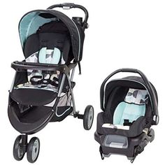 the baby stroller and infant car seat are shown