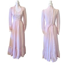 Vintage Gunne Sax corset maxi dress, a light light pink, corset.  Beautiful dress, cotton, and fully lined with acetate fabric, She's a beauty but aren't they all.   Bust 33-34 Shoulder 14 Waist 26-27 hips 36-37 length 58 so back in the day the 1970's, over in San Francisco I was at the Gunne Sax store, it was a warehouse, with bright lights above and row after row, of Gunne Sax every color, every type, I remember the colors the most, I was there with girlfriends, and we all left with one.  I think back now, I should have bought everything, lol.  Benefits of living in the San Francisco Bay Area. Feminine Fitted Cotton Prairie Dress, Pink Fitted Prairie Dress For Spring, Fitted Feminine Cotton Prairie Dress, Elegant Pink Cotton Maxi Dress, Pink Floor-length Maxi Dress For Daywear, Vintage Pink Prairie Dress For Daywear, Vintage Pink Dress With Fitted Bodice For Spring, Pink Vintage Prairie Dress For Daywear, Vintage Pink Maxi Dress For Daywear