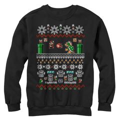 Time to deck the halls and the Mushroom Kingdom with the Nintendo Mario and Bowser Ugly Christmas Sweater Men's Sweatshirt! A Christmas sweater style print on the front of this cool Nintendo Christmas sweatshirt features Mario, Bowser, mushrooms, snowflakes, and more. Size: xl. Color: black. Gender: male. Age Group: adult. Pattern: Fictitious Character. Material: Cotton. Christmas Black Crew Neck Sweater, Holiday Graphic Print Sweater, Black Christmas Sweatshirt, Mario And Bowser, Nintendo Christmas, Mario Bowser, Mens Ugly Christmas Sweater, Mushroom Kingdom, Sweater Ideas