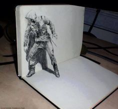 an open book with a drawing of a man in pirate costume on the inside cover