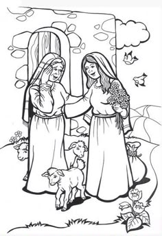 the nativity scene with two women in black and white, one holding flowers while the other