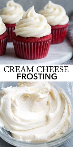 cream cheese frosting on top of red velvet cupcakes