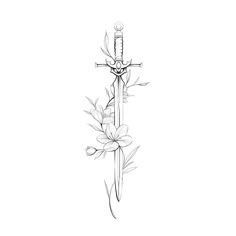 Swords Tattoo For Women, Back Tattoo Women Spine Knife, Sward Flower Tattoo, Minimalist Tattoo Swords, Pretty Dagger Tattoo, Feminine Tattoo Stencil, Dagger And Flower Tattoo, Fine Line Dagger Tattoo