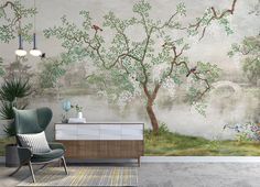 a living room scene with a wall mural