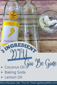 ingredients for homemade coconut oil and baking soda on a wooden table with text overlay