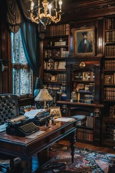 an old fashioned desk with a typewriter on it in front of a bookshelf