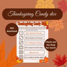 thanksgiving candy dice worksheet with fall leaves and pumpkins in the background text reads, thanksgiving candy dice