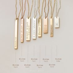 "These bar necklaces are beautiful to wear as blank or customize with Initials or names, special date (birthday, anniversary), special place, coordinates, and horoscopes. Stunning gift for yourself, your loved ones, bridesmaids, weddings. Check our symbols: www.etsy.com/listing/1244771317 ❤ Material & Length Available in 14k gold filled, 14K rose gold filled or sterling silver (length is to measure the entire necklace from end to end, including clasp, but not the charm) ❤ How to order Leave instructions in \"Add your personalization\" box on listing page: * What to engrave * Which font (options in one of the listing images) * if any symbols * Engrave direction, horizontally or vertically. Vertically means the letters going down the bar, like this: S M L (Vertically works on short text only Bar Necklaces, Bar Necklace Personalized, Simple Gifts, Necklace Long, Bar Necklace, 14kt Gold, Jewelry Care, Long Necklace, Dog Tag Necklace