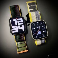 two apple watch bands with different designs on them, one yellow and the other green