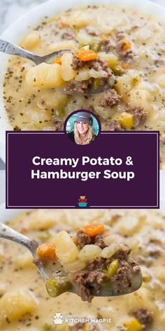 creamy potato and hamburger soup in a white bowl with a ladle full of it